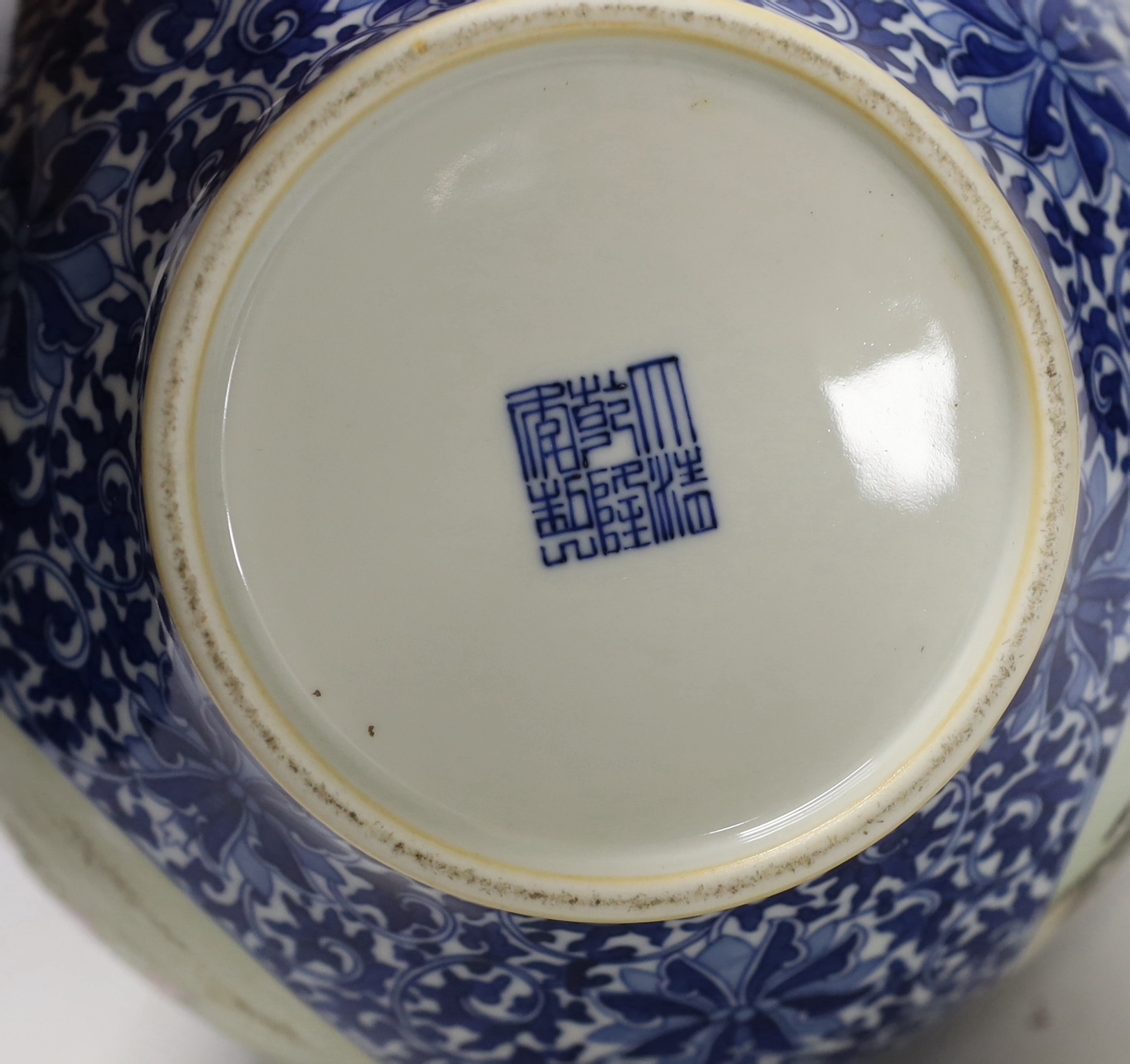 A Chinese enamelled blue and white jar, Qianlong mark, 22cm high